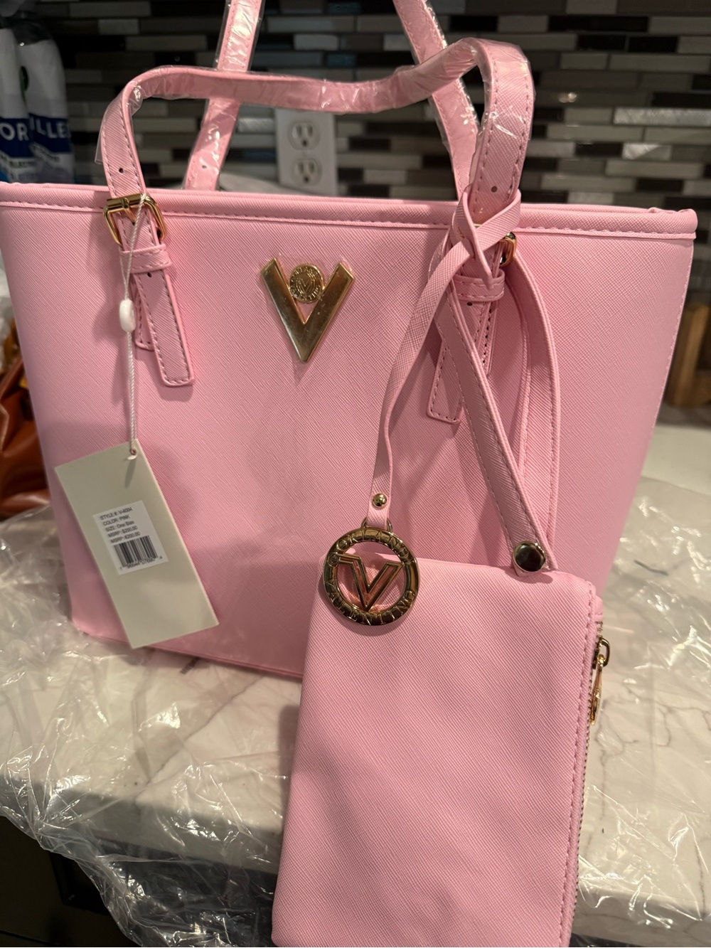 Valentino Orlandi Pink Saffiano Tote with Matching Wristlet and Gold V Logo